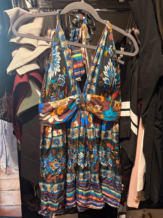 Arden B Dresses & Skirts - Arden B Vintage Silk Babydoll Halter Dress Size L Blue Boho Cottagecore Coquette